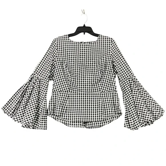 Nanette Nanette Lepore Gingham Plaid Bell Sleeve Peplum Blouse Womens L - Picture 1 of 9
